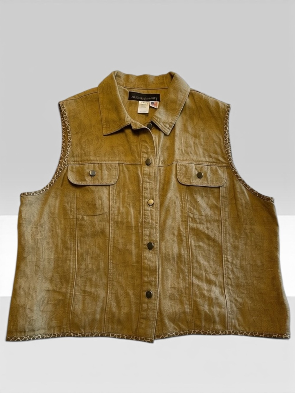 Safari Style Neutral 100% Linen Vest w/Metal Button Front & Leopard Print Trim